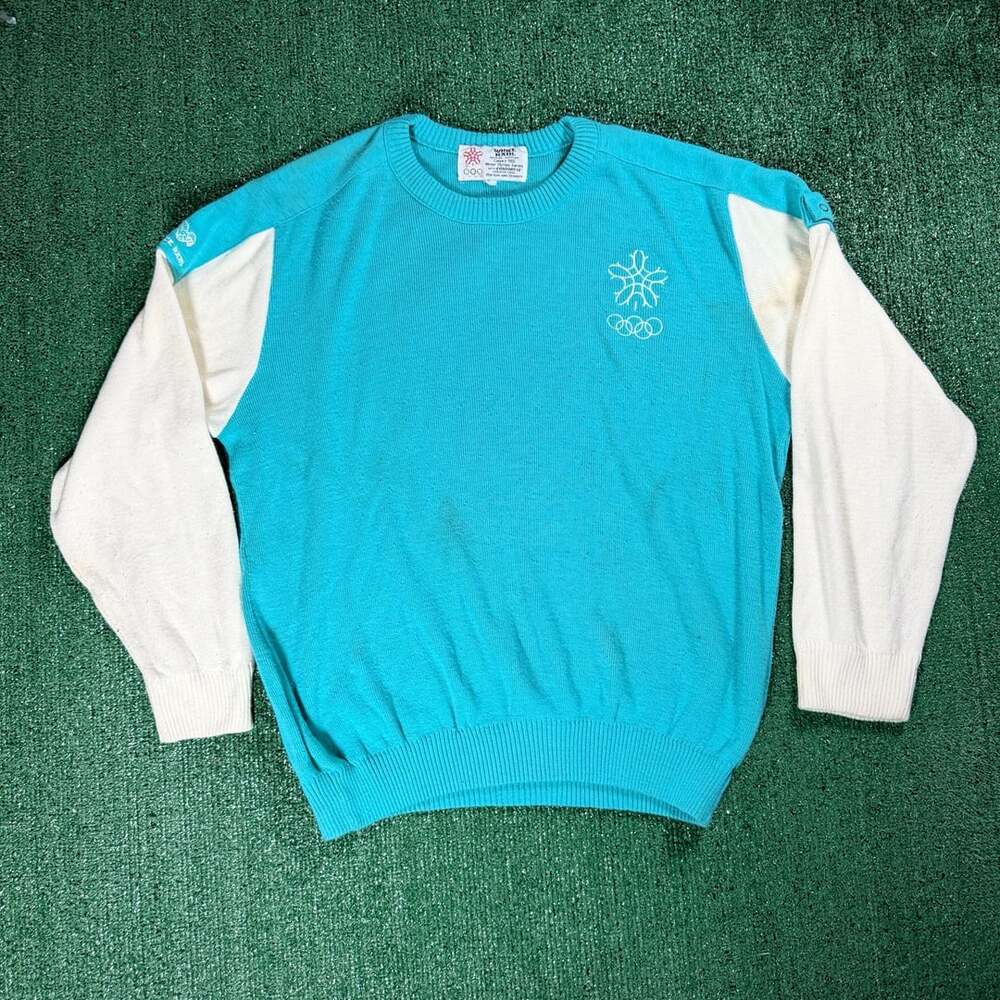 Vintage White Ram Calgary 1988 Winter Olympic Games Sweater Teal White XL